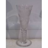 A 19th Century glass vase of tapering form, engraved wild flowers, wrythen column to base, 27.
