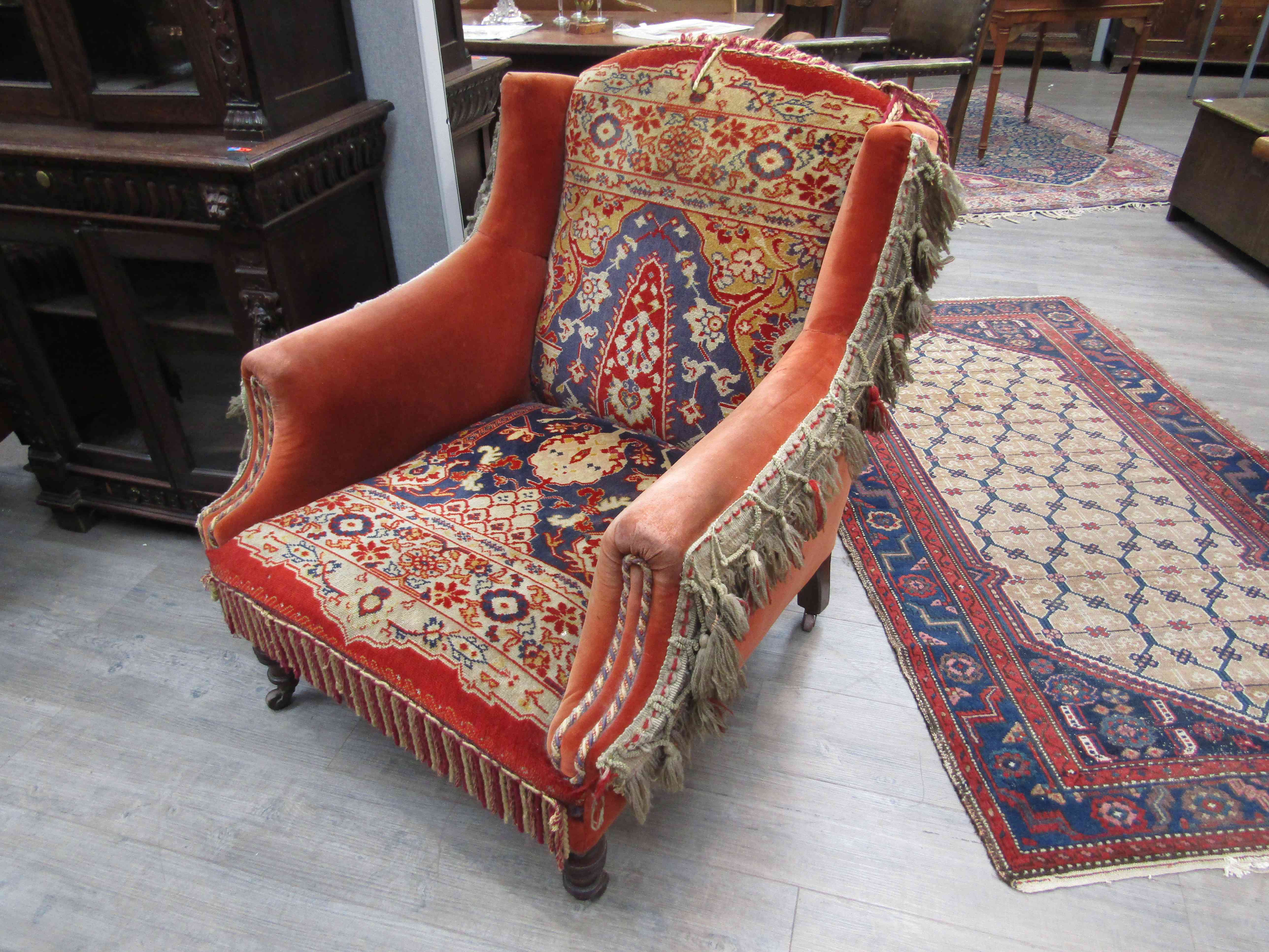 Two Victorian carpet chairs with tasselled borders, - Image 2 of 4
