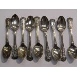 A composite matched set of twelve silver large tea spoons, various makers and dates,