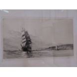 HAROLD WYLLIE (1880-1973): An etching depicting tall ship off Falmouth, 18cm x 31cm,