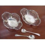 A pair of Victorian style bonbon dishes, pierced latticework with central MBD monogram,