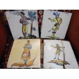 A set of four 18th Century Dutch Delft tiles, hand painted design of figures, 20cm x 20cm,