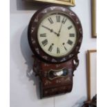 A 19th Century mother-of-pearl inlaid drop dial wall clock, some veneer missing,