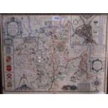 A hand coloured map of Worcestershire by John Speede, framed and glazed,