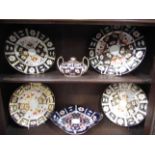 A Royal Crown Derby Imari shaped serving dish, three dessert plates,