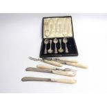 Five silver teaspoons and Mappin & Webb mother-of-pearl silver bladed knives and forks