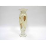 An Okra Glass tall iridescent glass vase in white, ochre and gold colours, clear foot.