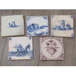 Five various 18th Century and later Dutch Delft tiles including blue and white figural scene