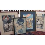 Four 19th Century and later Japanese woodblock prints including Geisha girls, framed and glazed,