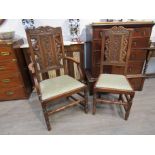A set of eight panel back dining chairs with dragon carved detail