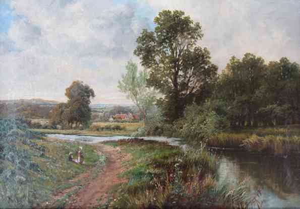 A late 19th Century oil painting 'View near Chester' depicting country scene with river figures, - Image 2 of 5