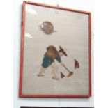 An Oriental silk stumpwork embroidery of a figure digging snow, framed and glazed,