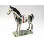 A circa 1790 Staffordshire standing horse on square base with sponged decoration,