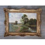 A late 19th Century oil painting 'View near Chester' depicting country scene with river figures,