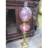 A Victorian pink oil lamp and shade, with globular shade,