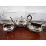 A James Dixon & Sons silver three piece teaset, teapot, milk jug and sucrier, fluted design,