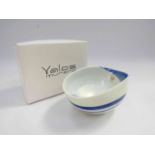 Three Yalos Murano glass bowls with pinched sides, 2 x blue and white swirl.