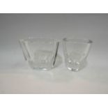 Two miniature Art glass vases with etched detail,