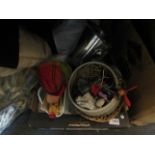 A box containing assorted items including plated ice bucket, pottery bowl,