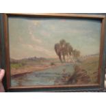 EVE BAKER: Framed oil on board, fisherman in stream,