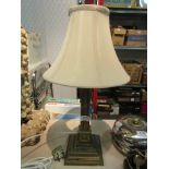 A brass column form table lamp base with mask detail
