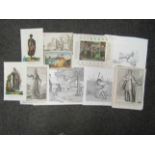 A packet of etchings, engravings, drawings etc including William Strang etching of a girl sewing,