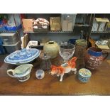 A box of assorted pottery including cow creamer,