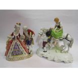 Two figural groups of lady on horseback and couple in period dress