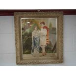 MAUD DANN 1907: Framed and glazed silk work depicting Roman era lovers,
