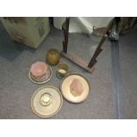 A small selection of brassware glass ware and an Art & Crafts photograph frame etc