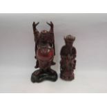 A Chinese Happy Maitkeya wooden Buddha, handmade, and a Chinese carved wood figure of an old sage,