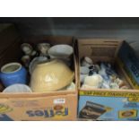 Three boxes of mixed 19th Century and later glass and ceramics including jelly moulds,