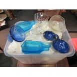 A box containing assorted glassware including coloured examples