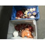 Two boxes containing assorted glazed pottery, china wares etc.