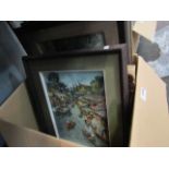 A box of framed paintings including river and waterside scenes