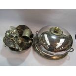 A quantity of plated ware including domed warmer,