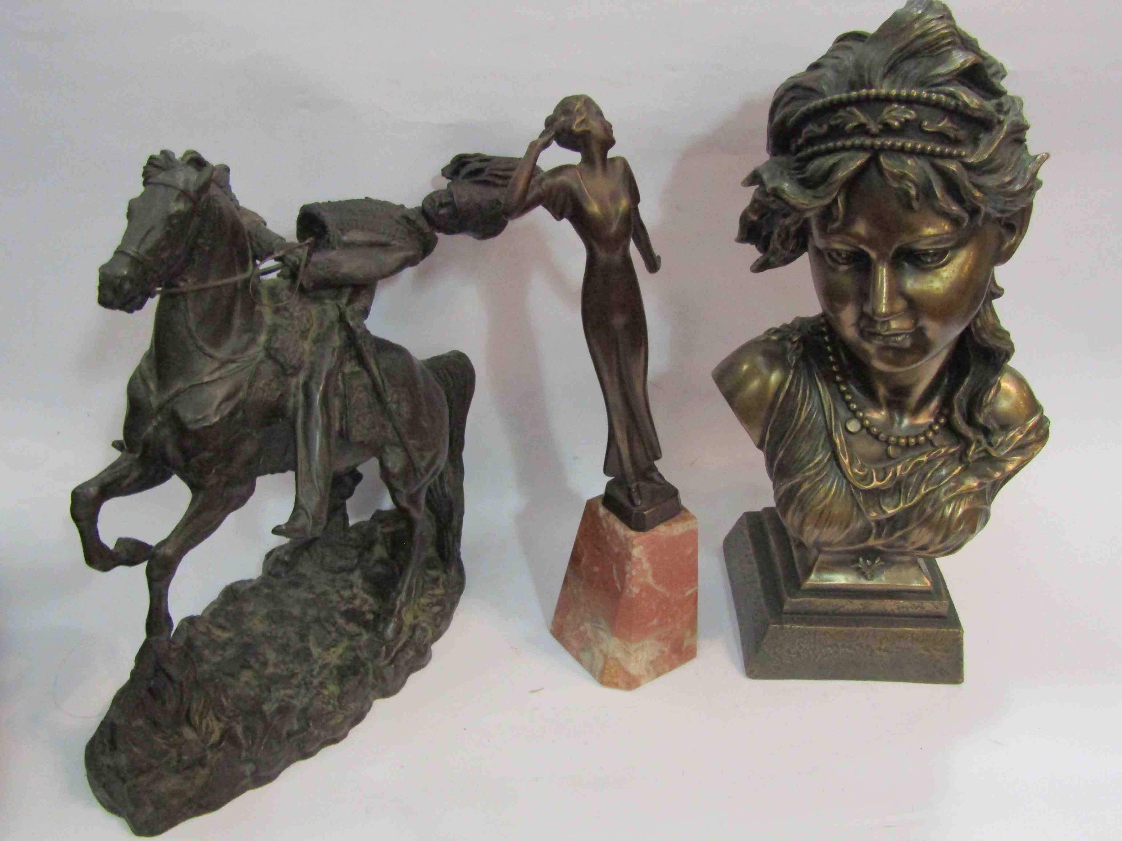 A bronze figurine of lady on marble base and two bronze effect figures including bust and soldier