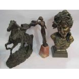 A bronze figurine of lady on marble base and two bronze effect figures including bust and soldier