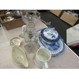 A glass lustre a/f, blue and white soap dish, jugs,