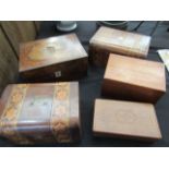 Five small wooden boxes including walnut inlaid examples