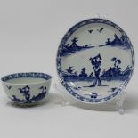Vauxhall blue & white teabowl & saucer, Chinese landscape with walking man.