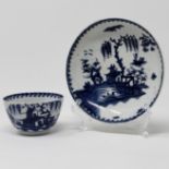 Blue & white teabowl & saucer, house and fence pattern,