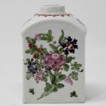 Rectangular shouldered tea caddy painted with the polychrome rose pattern.
