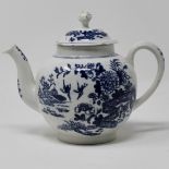 Teapot & cover, fence pattern print, closed flower knop, crescent mark.