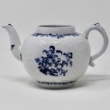 Blue & white moulded teapot painted with flower sprays, decorator's mark 3.