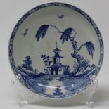 Vauxhall blue & white saucer, Chinese landscape with pagoda and willow, ex E&J Handley collection.
