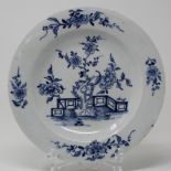 Blue & white 23cm plate painted with flowers and a garden fence.