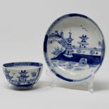 Blue & white teabowl & saucer painted with Chinese houses and wall