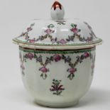 Polychrome sucrier & cover, moulded with shallow flutes with a domed,