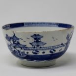 13cm blue & white bowl painted with Chinese houses and wall.